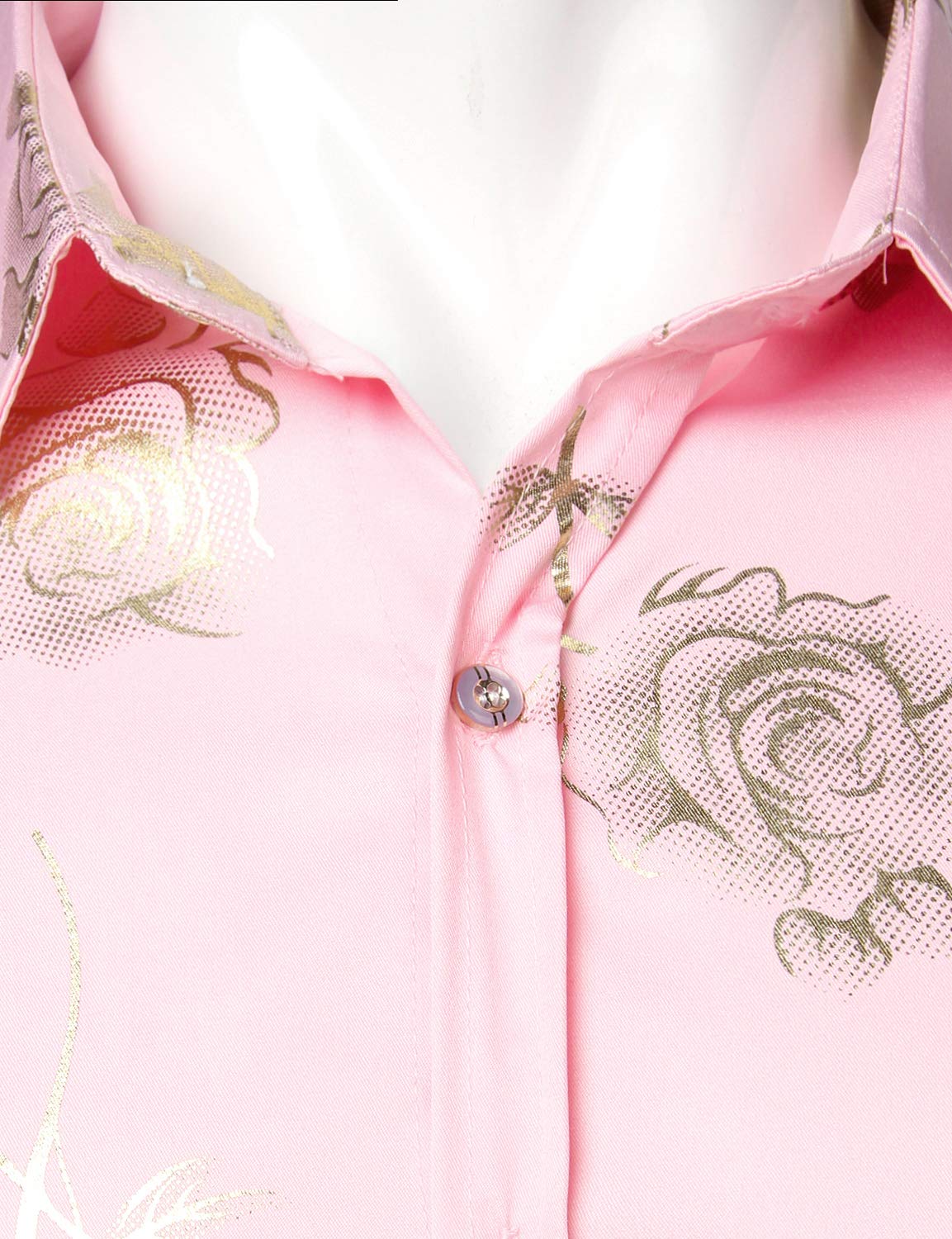 Camisa de vestir casual Rose floral estampado Pink Button Up de manga larga para hombre