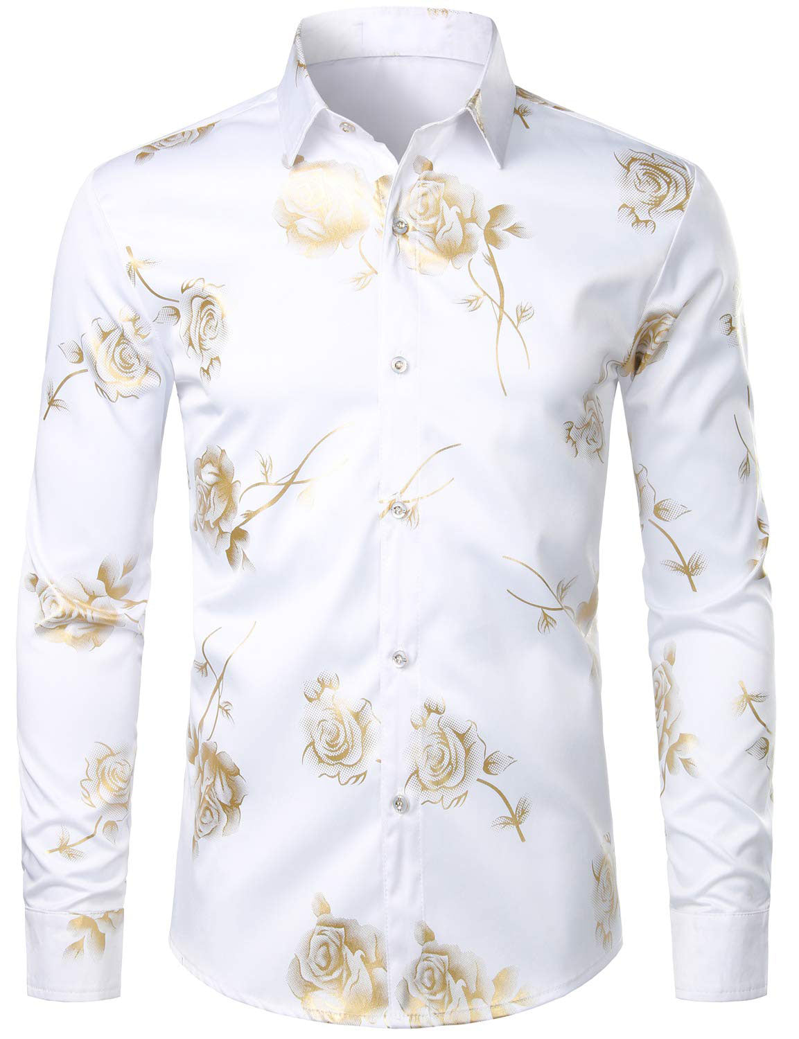 Camisa de vestir casual Yellow Rose floral estampado Button Up de manga larga para hombre