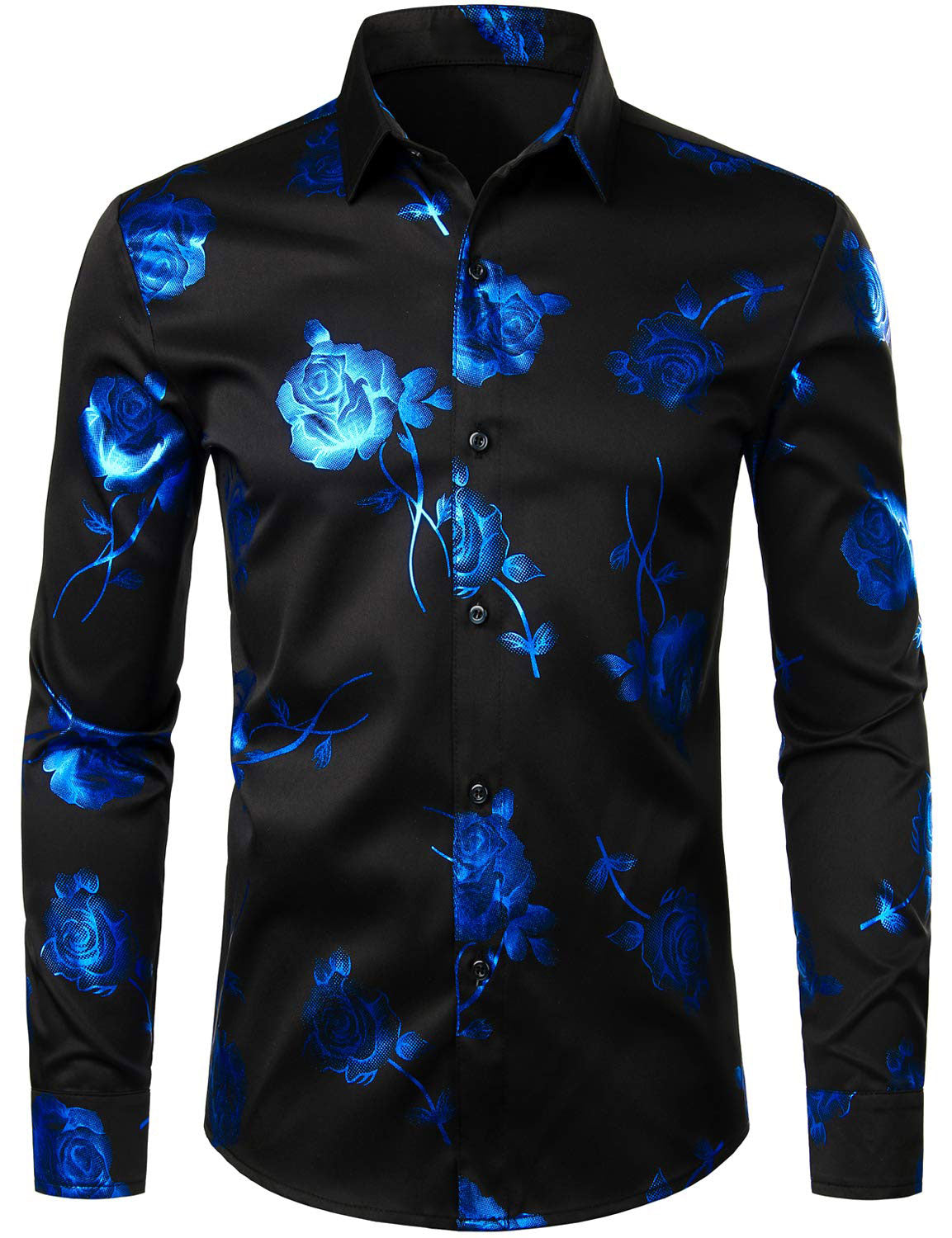 Camisa de vestir Blue Rose floral estampado de manga larga Button Up para hombre