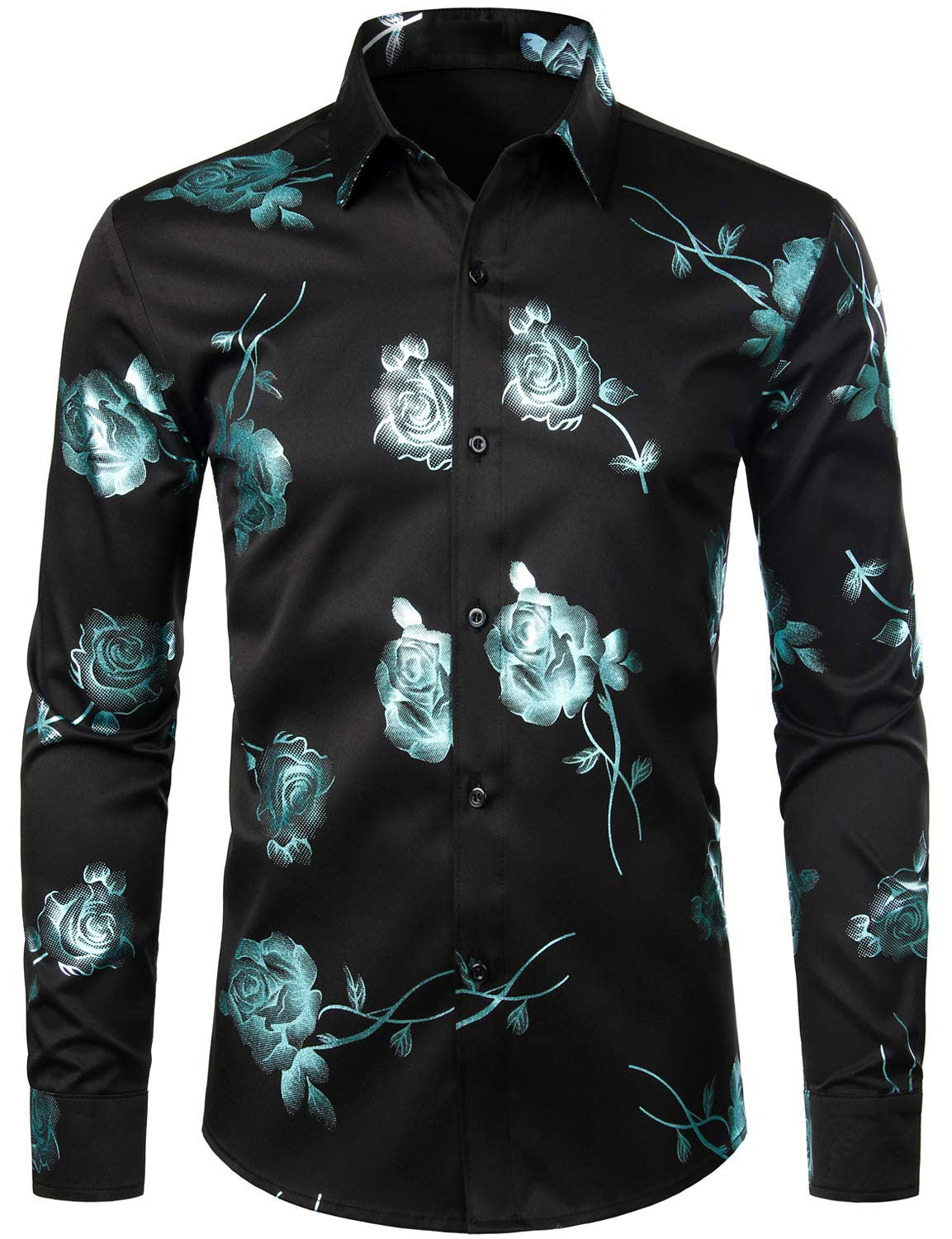Camisa de vestir casual Rose floral estampado Button Up de manga larga para hombre
