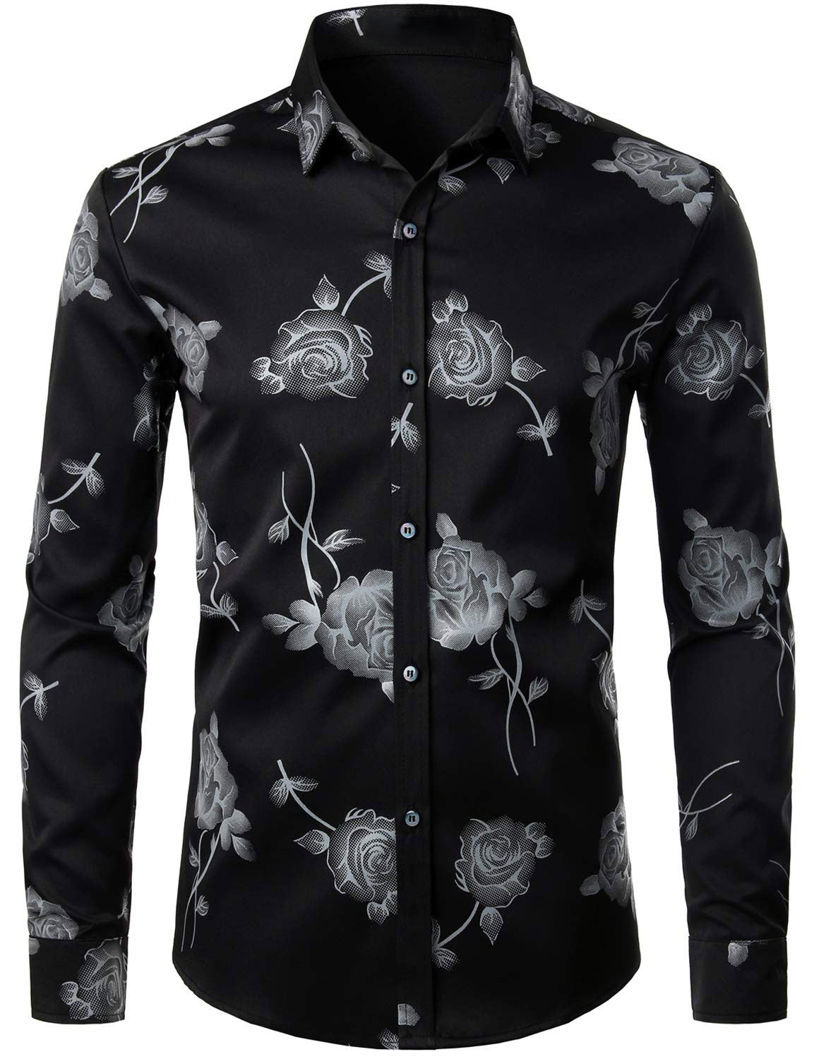 Camisa de vestir Rose floral estampado Button Up casual de manga larga para hombre