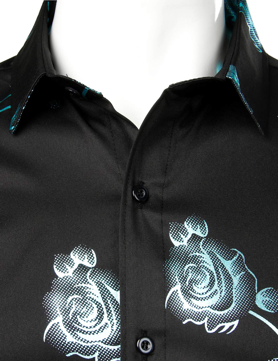 Camisa de vestir casual Rose floral estampado Button Up de manga larga para hombre
