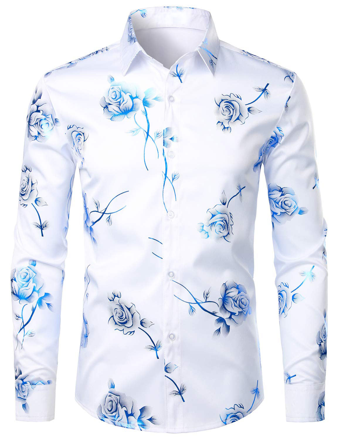 Camisa de vestir casual Blue Rose floral estampado Button Up de manga larga para hombre