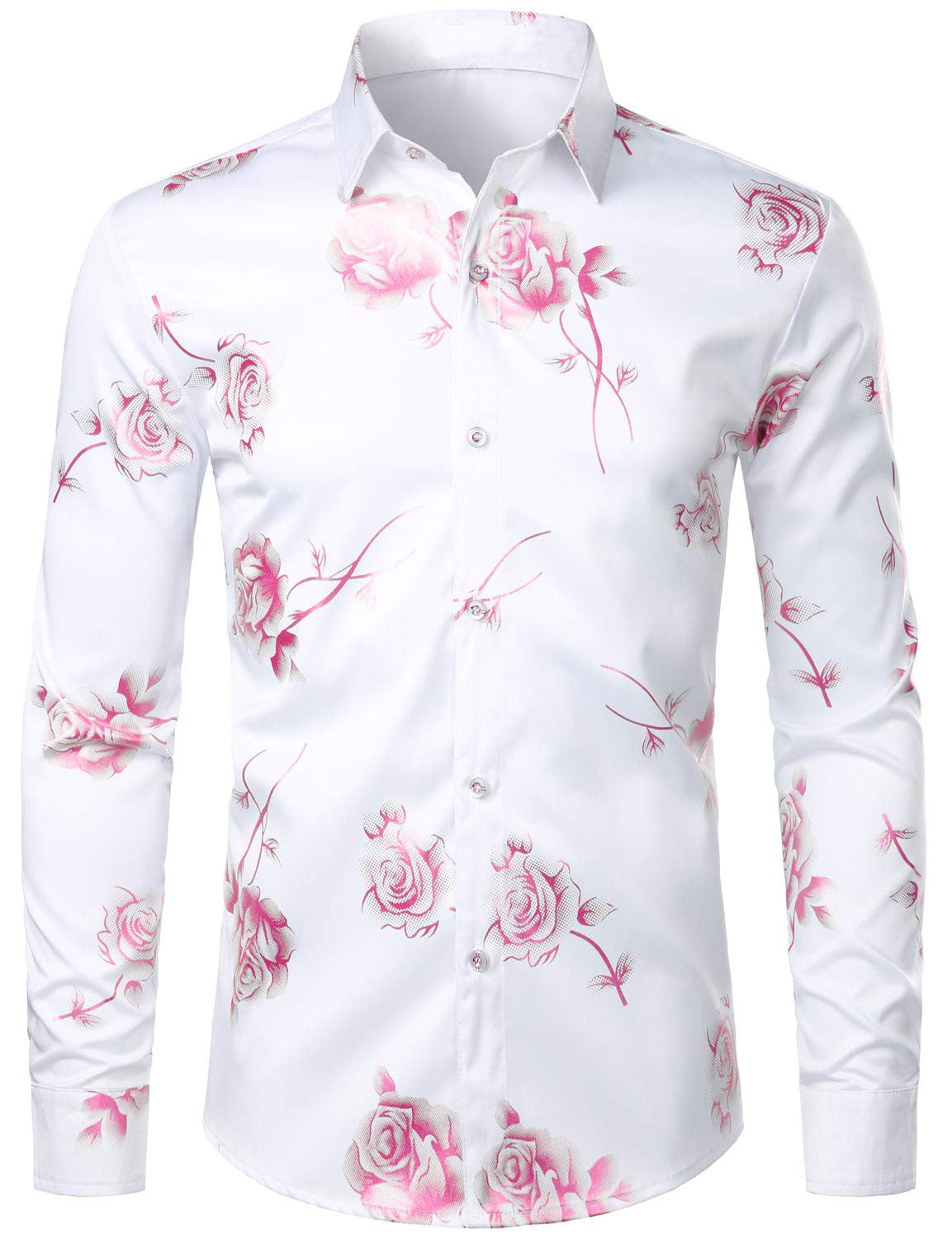 Camisa de vestir casual Pink Rose floral estampado Button Up de manga larga para hombre