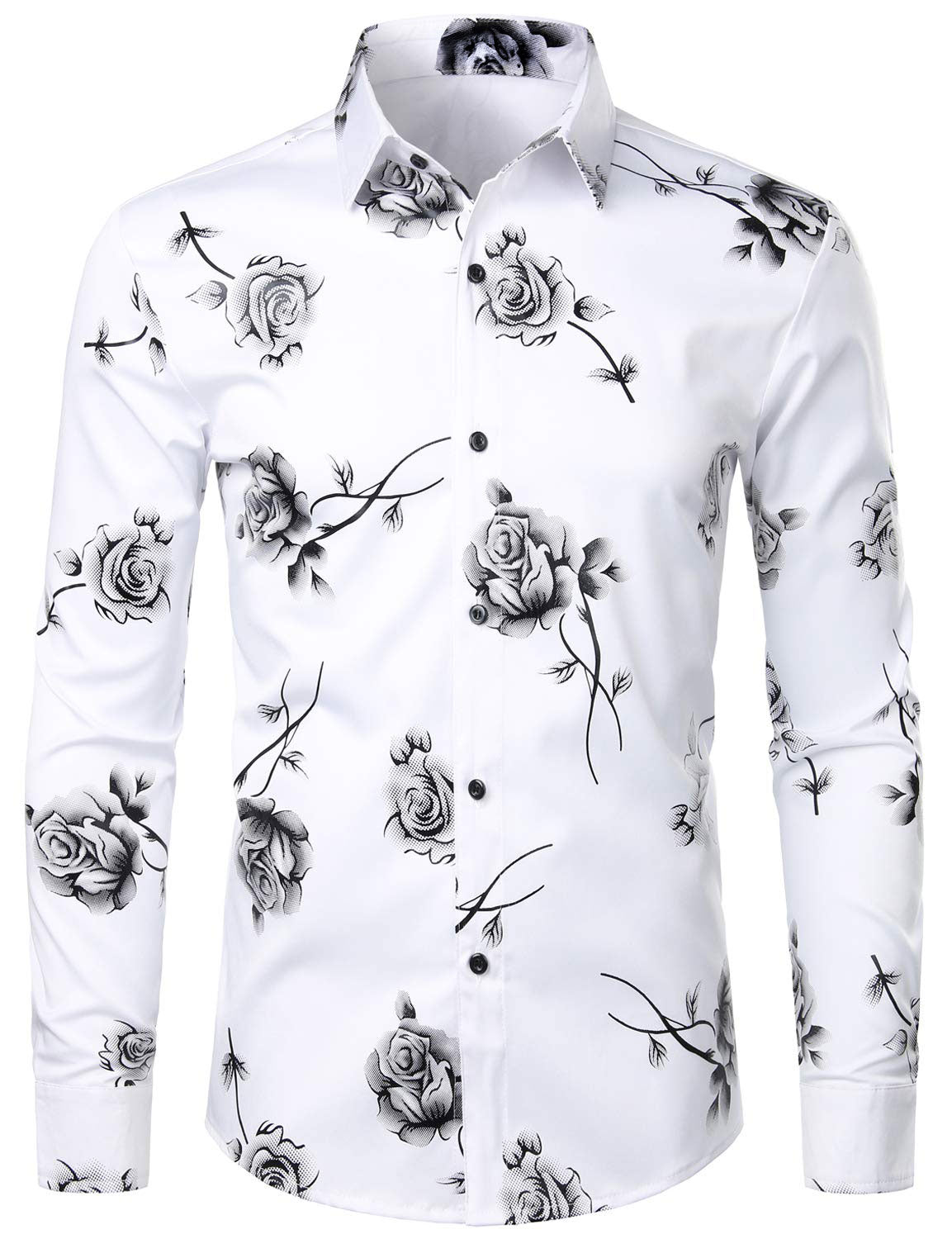 Camisa casual Rose floral estampado Button Up de manga larga para hombre