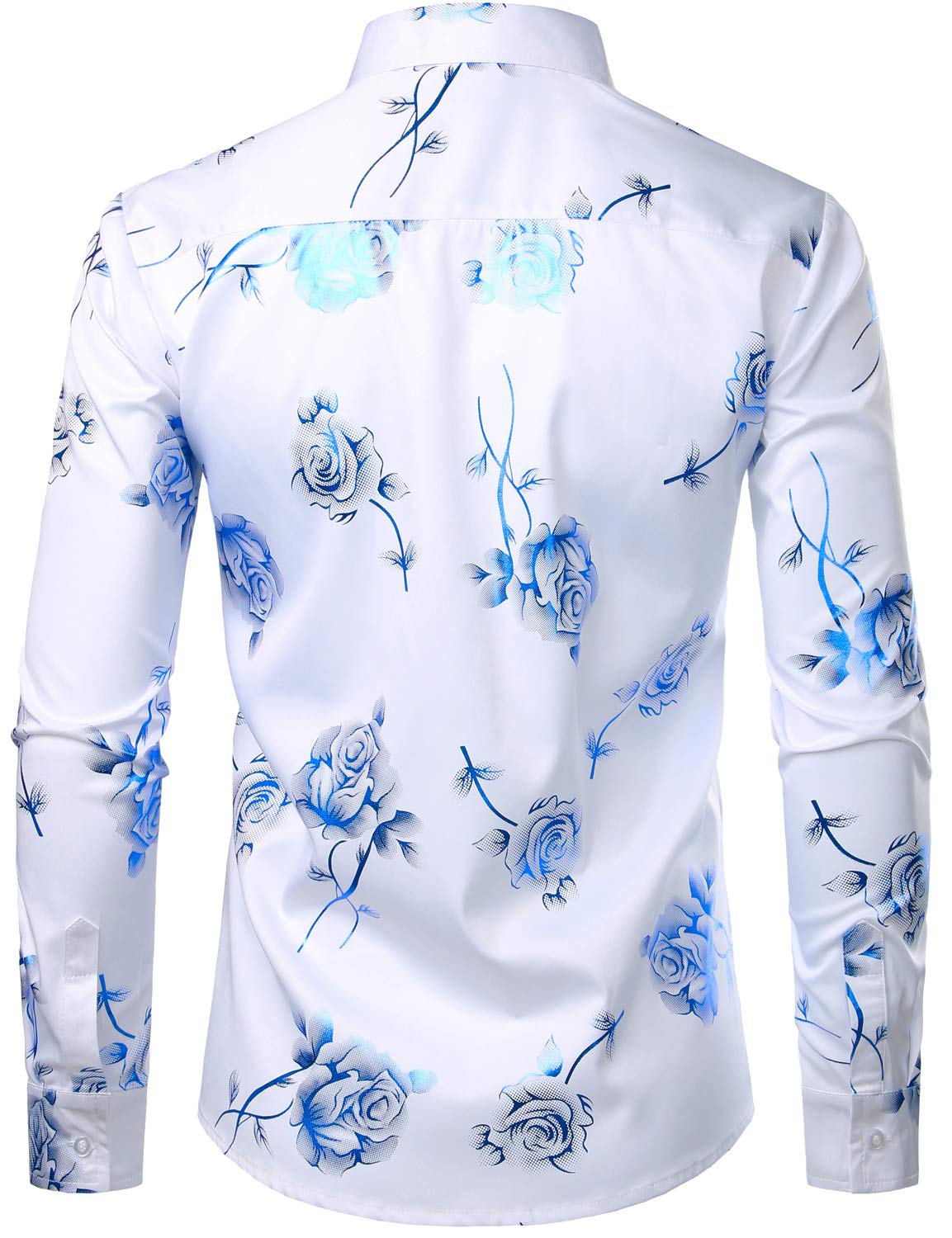 Camisa de vestir casual Blue Rose floral estampado Button Up de manga larga para hombre