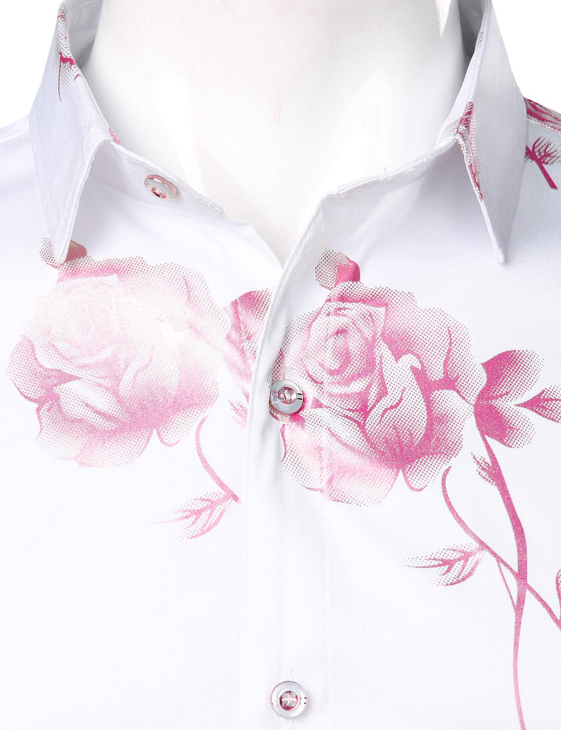 Camisa de vestir casual Pink Rose floral estampado Button Up de manga larga para hombre