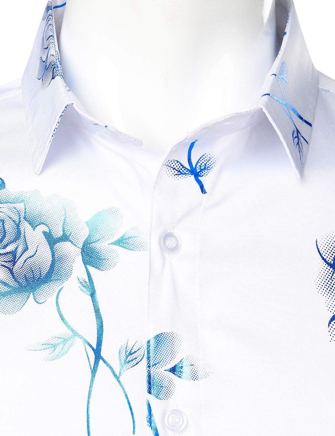 Camisa de vestir casual Blue Rose floral estampado Button Up de manga larga para hombre