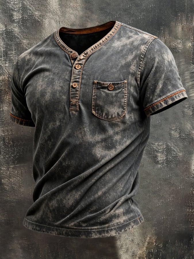 Camisa vintage Pure de algodón Washed desgastado Henry para hombre