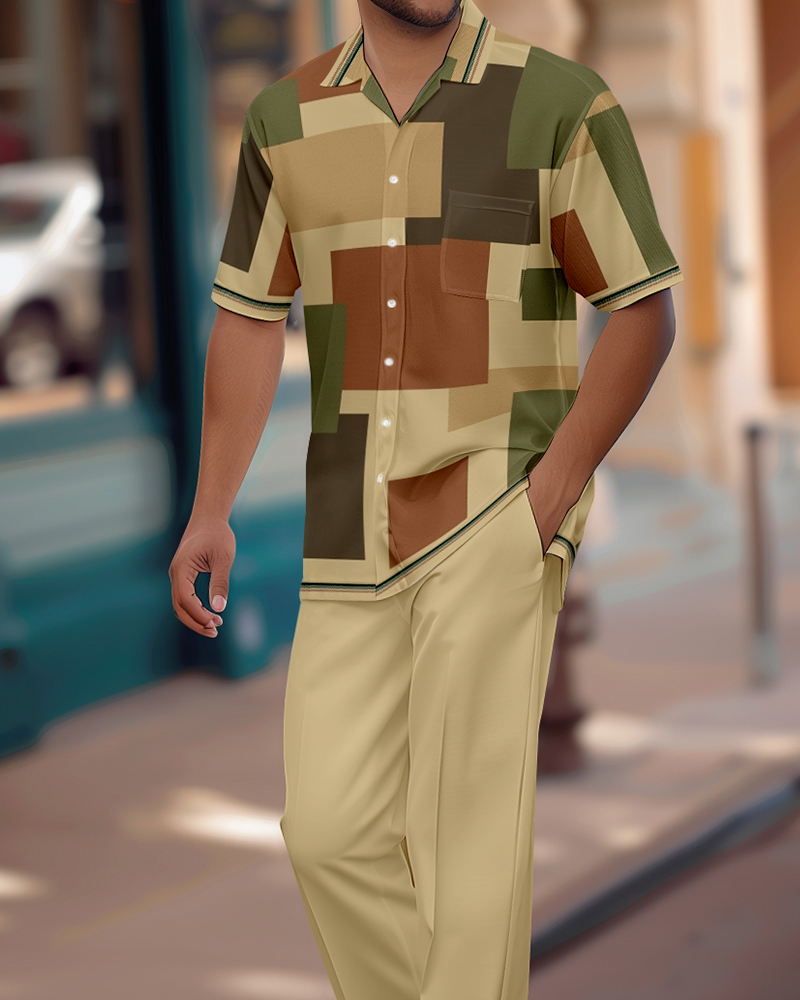 Camisa retro Colorblock de manga corta Walking Suit 1152 para hombre