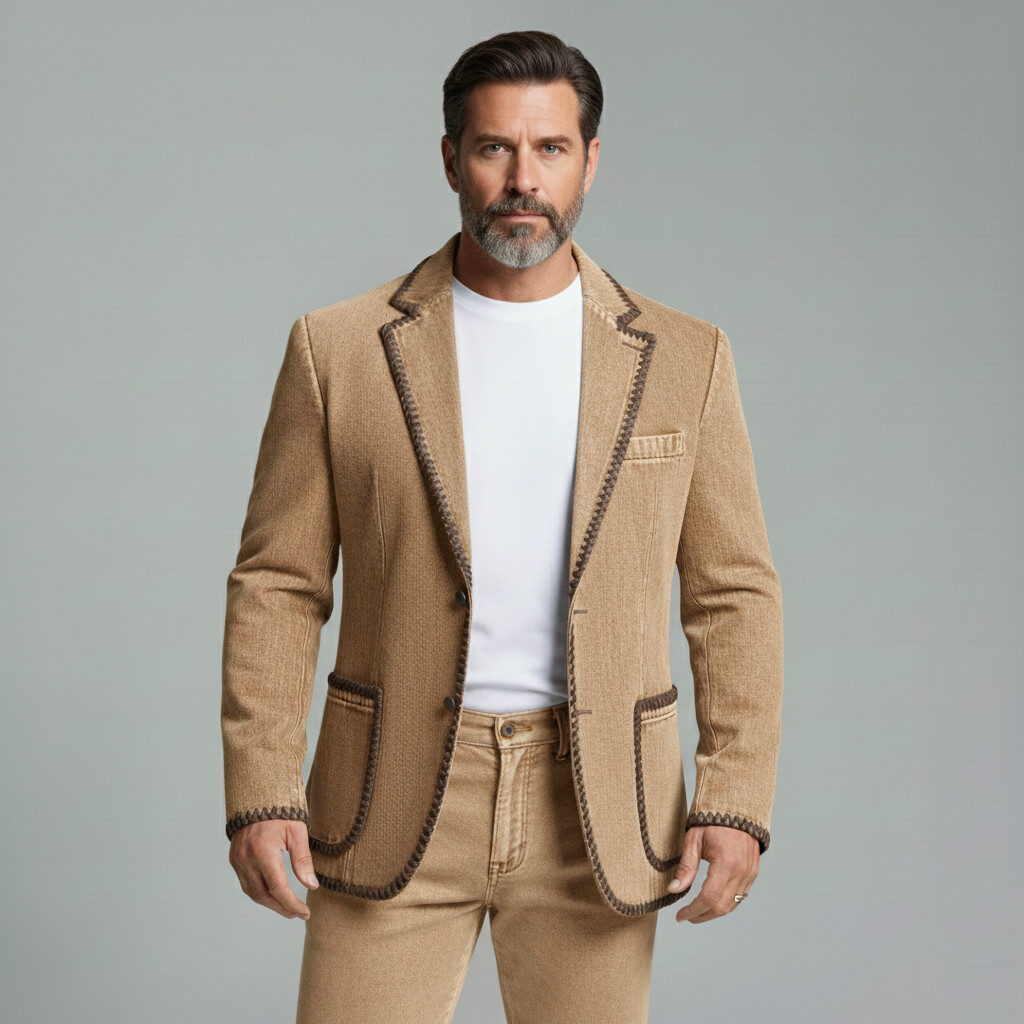 Saco ejecutivo casual Brown Denim Notched Lapel Whipstitch Trim Patch Pockets de manga larga para hombre