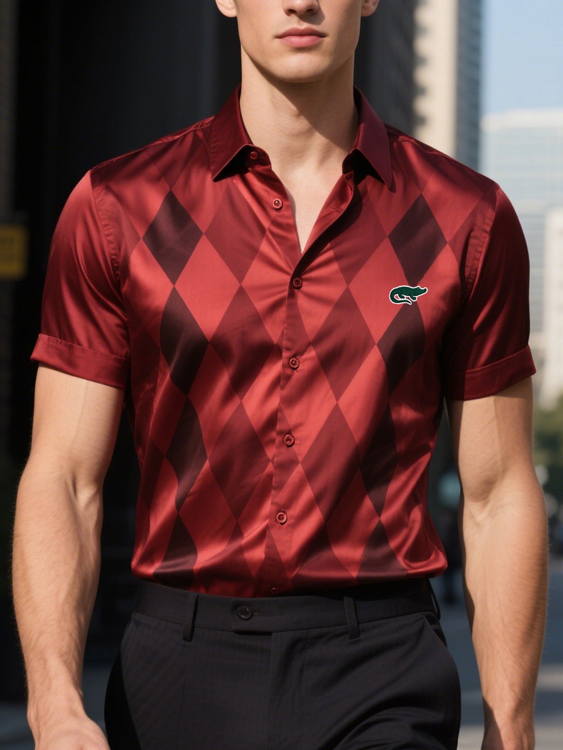 Camisa satén de lujo ejecutivo a rayas de manga corta Button para hombre