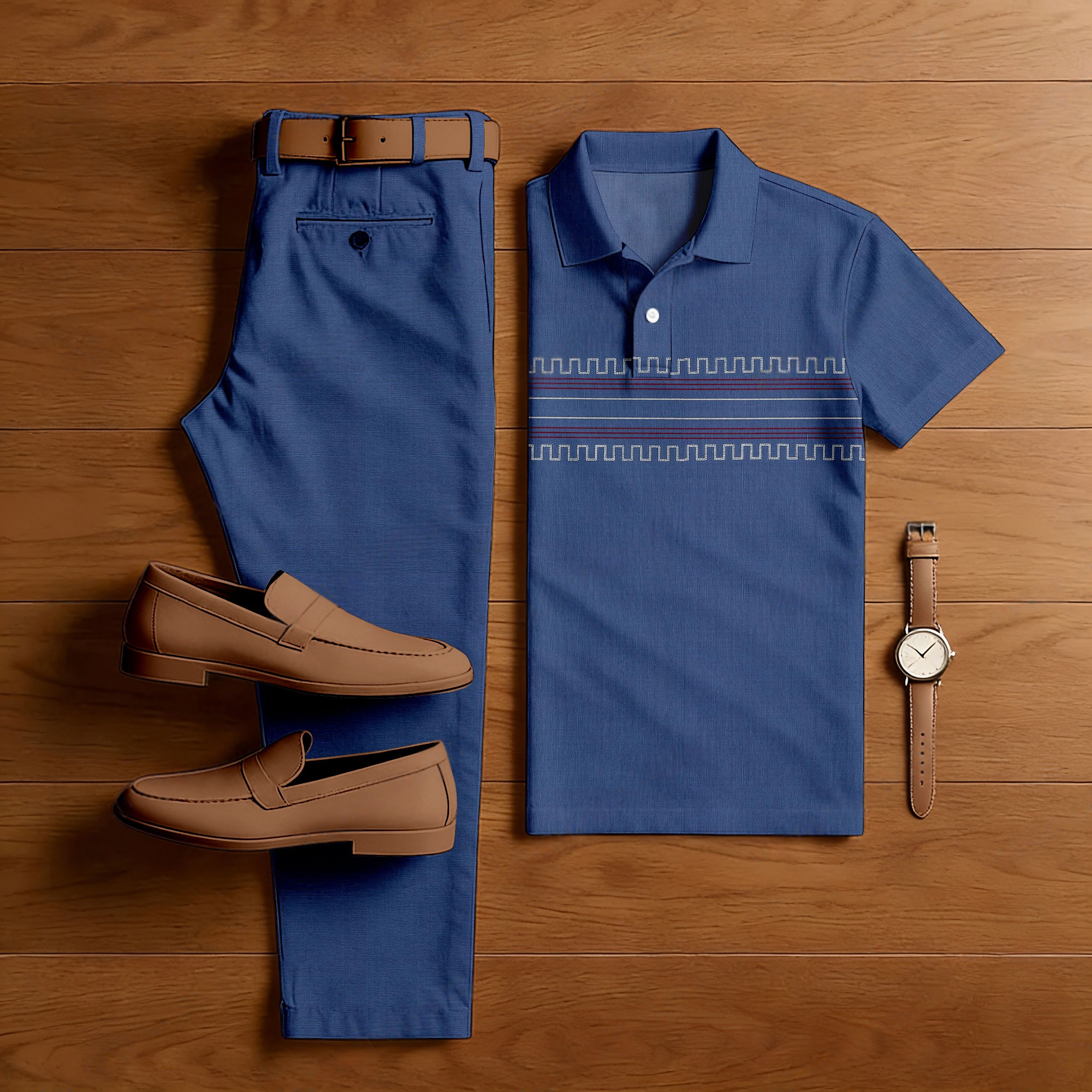 Conjunto de dos piezas casual Navy Blue Color Matching a rayas estampado de manga corta camisa polo & Trousers para hombre