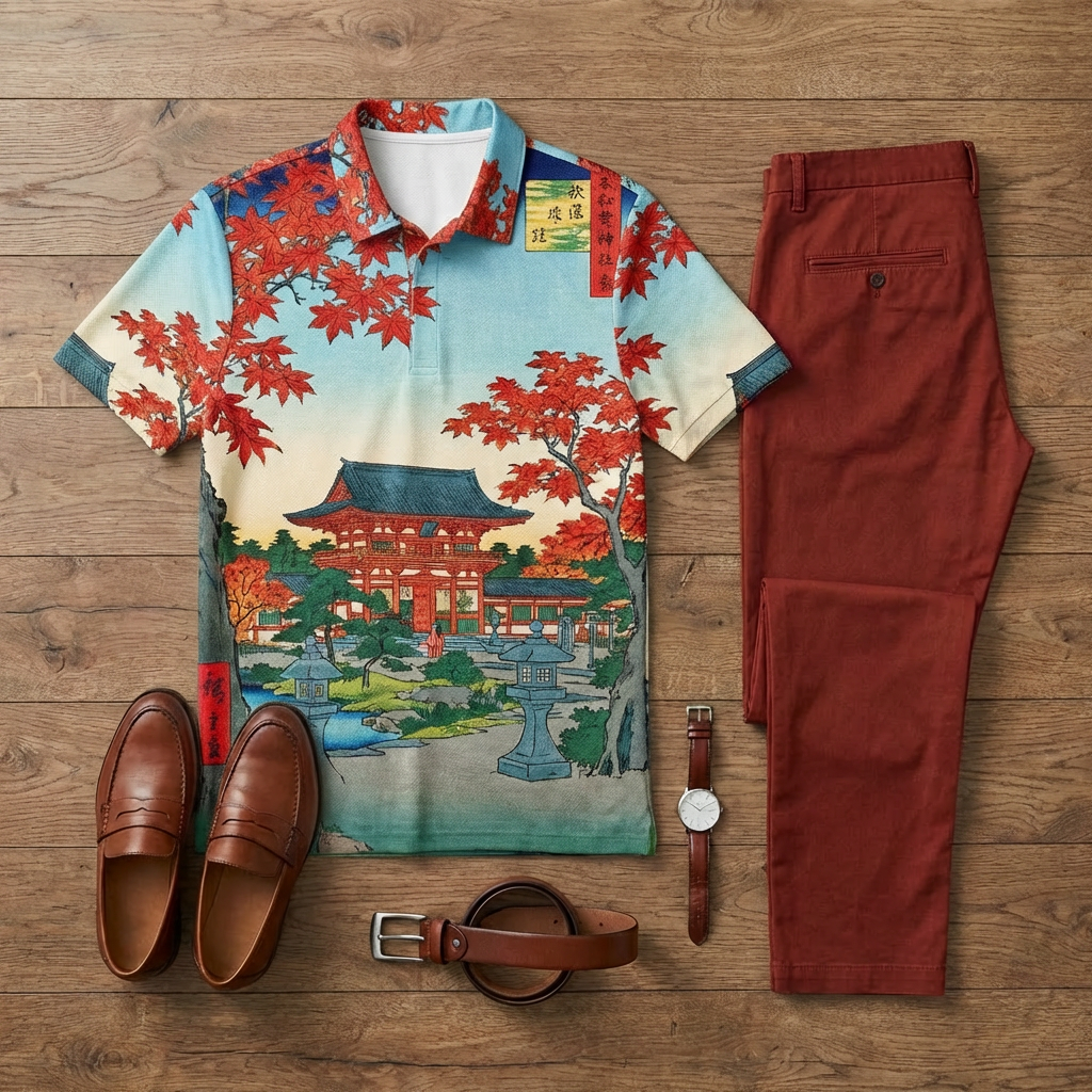 Conjunto de dos piezas casual Gradient Maple Leaves estampado de manga corta camisa polo And Trousers para hombre