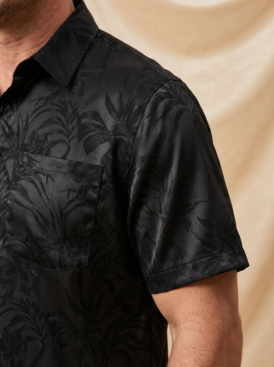 Camisa Summer Jacquard casual Button Up Pocket floral de manga corta Beach para hombre