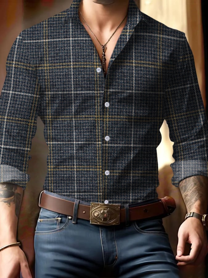 Camisa ejecutivo casual a cuadros estampado de manga larga para hombre