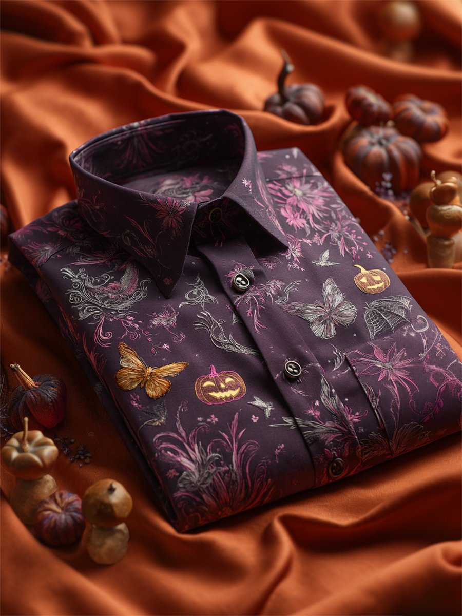 Camisa retro casual Halloween Art de manga larga para hombre