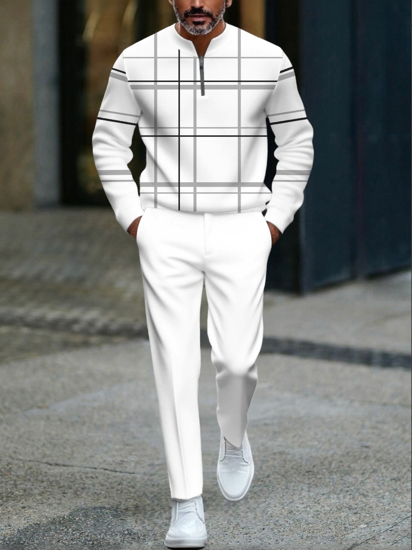Conjunto de dos piezas casual Gray & White Color Matching geométrico estampado Round-Neck cierre de manga larga Tops & Trousers para hombre