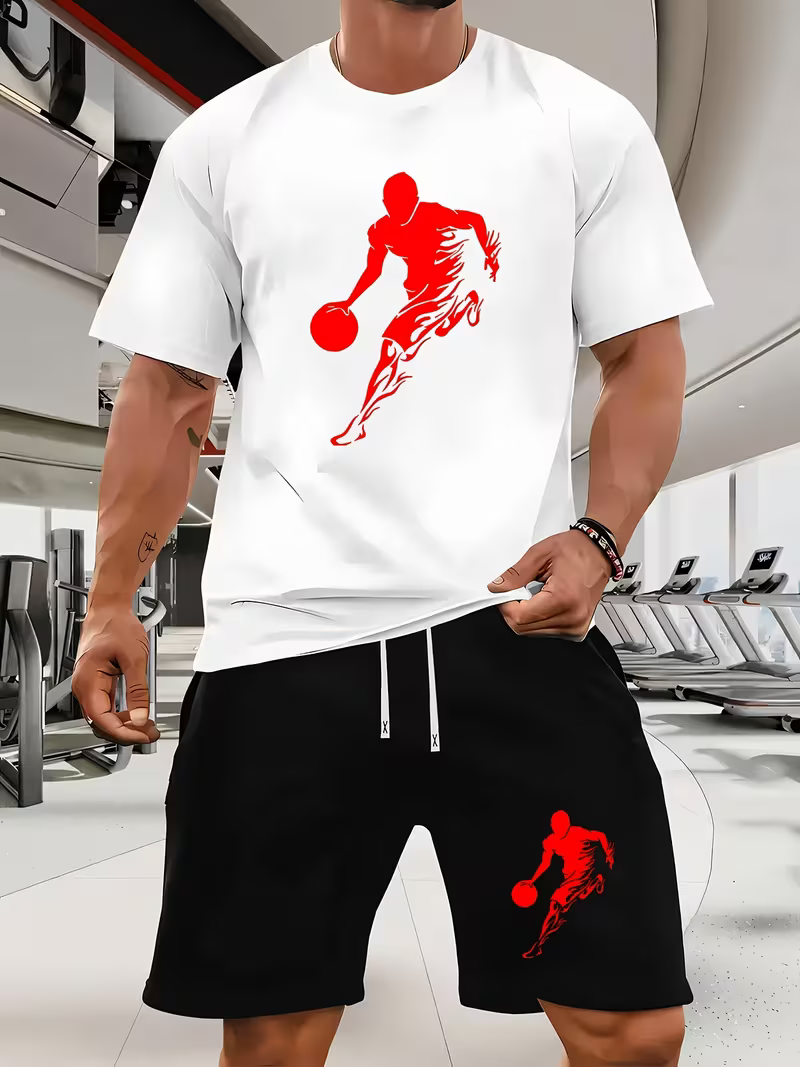 Conjunto de dos piezas casual Athletes Playing Ball Crew Neck de manga corta camisa And shorts para hombre