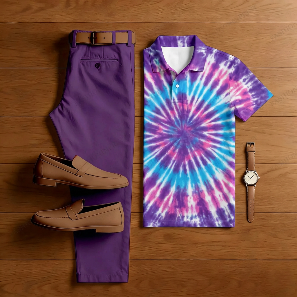 Conjunto de dos piezas casual Purple Ray Pattern de manga corta camisa polo And Trousers para hombre