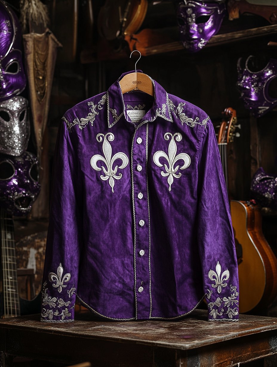 Camisa Purple Mardi Gras Theme de lujo de manga larga para hombre