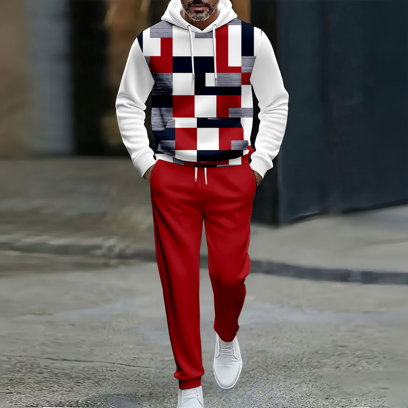 Conjunto de dos piezas casual Color Red & White Matching Geometric estampado Hooded de manga larga Trousers para hombre