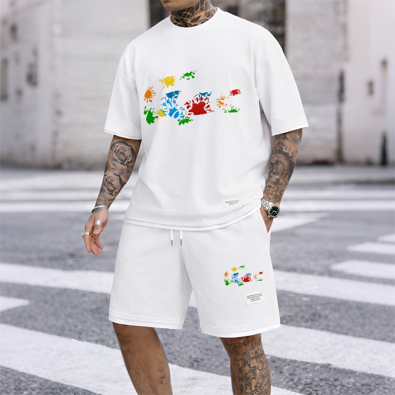 Camisa de lujo tejido tipo waffle de manga corta & shorts Set 17 para hombre