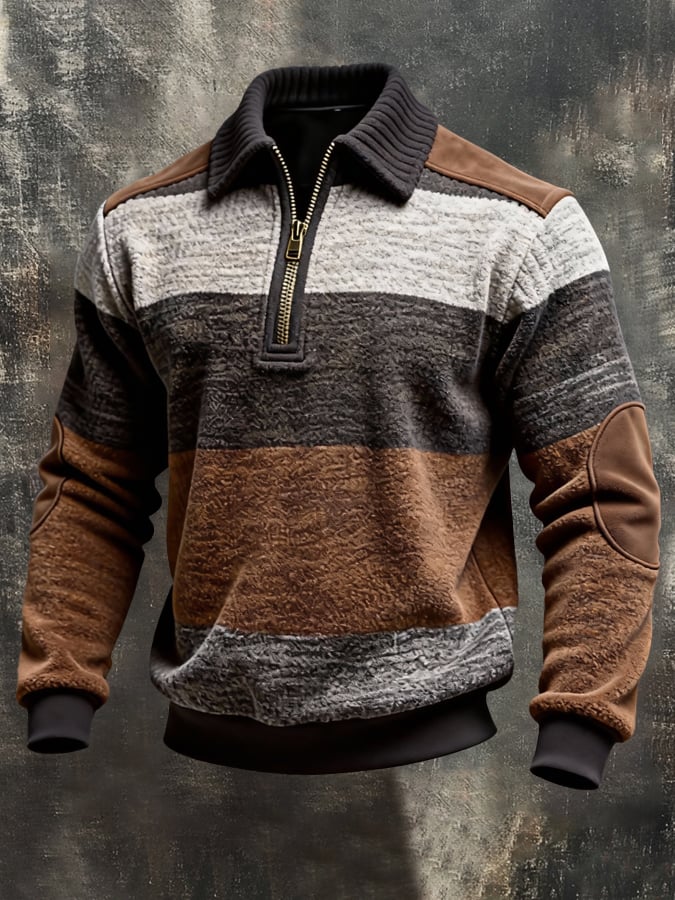 Sudadera retro en bloques de color estampado Color-Blocked con cierre para hombre