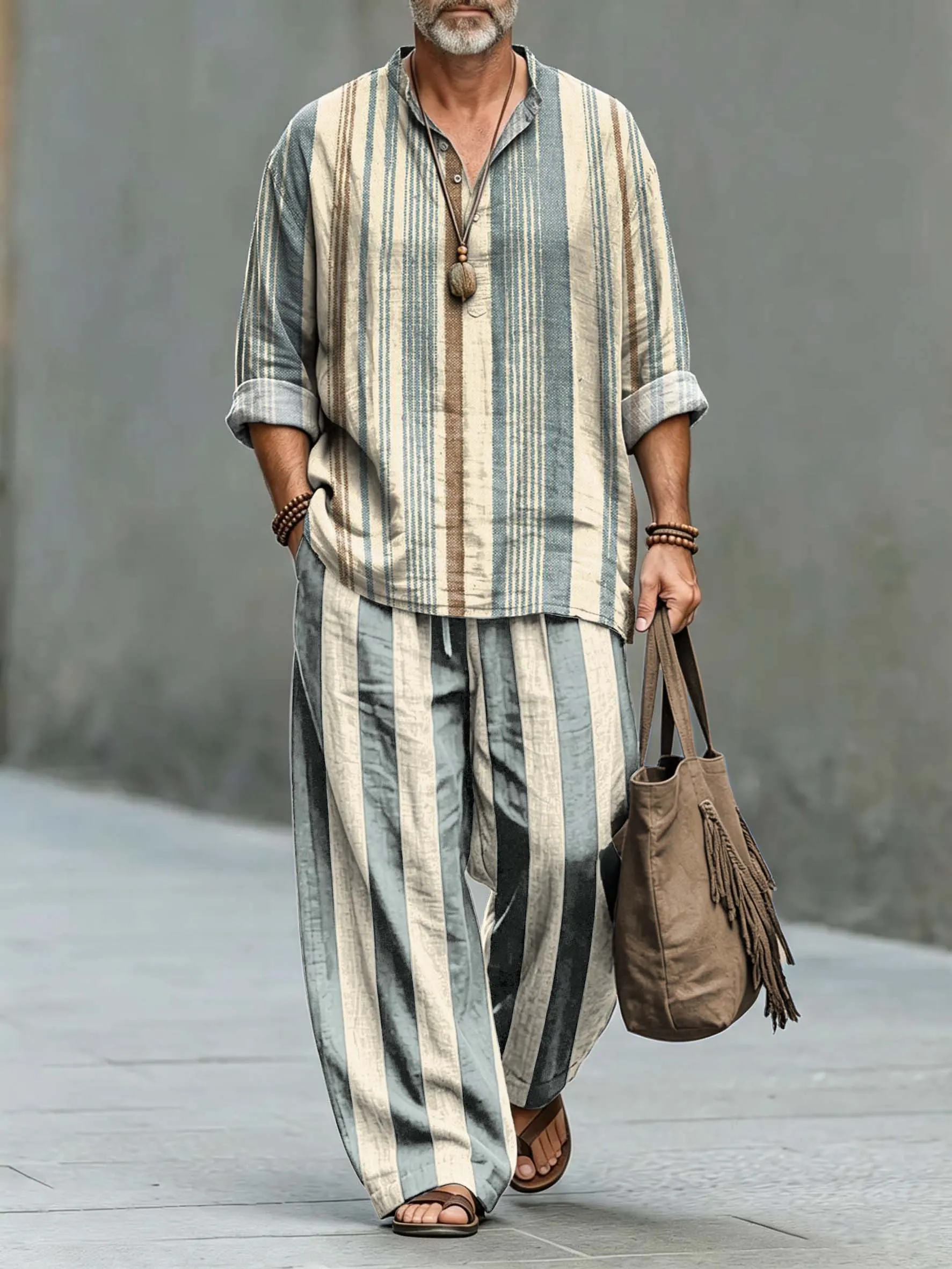 para hombre retro Stripes Art Print de algodón camisa Set