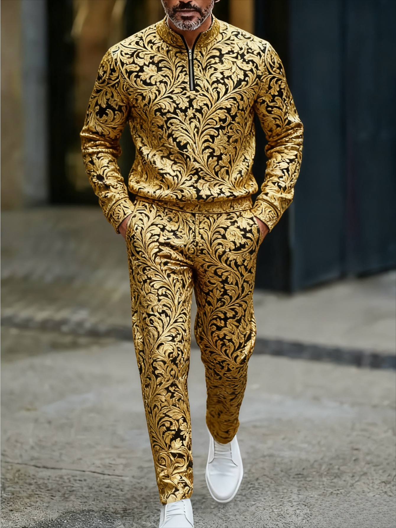 Conjunto de dos piezas casual Gold Foil Flower estampado Round-Neck Zipper de manga larga Trousers para hombre