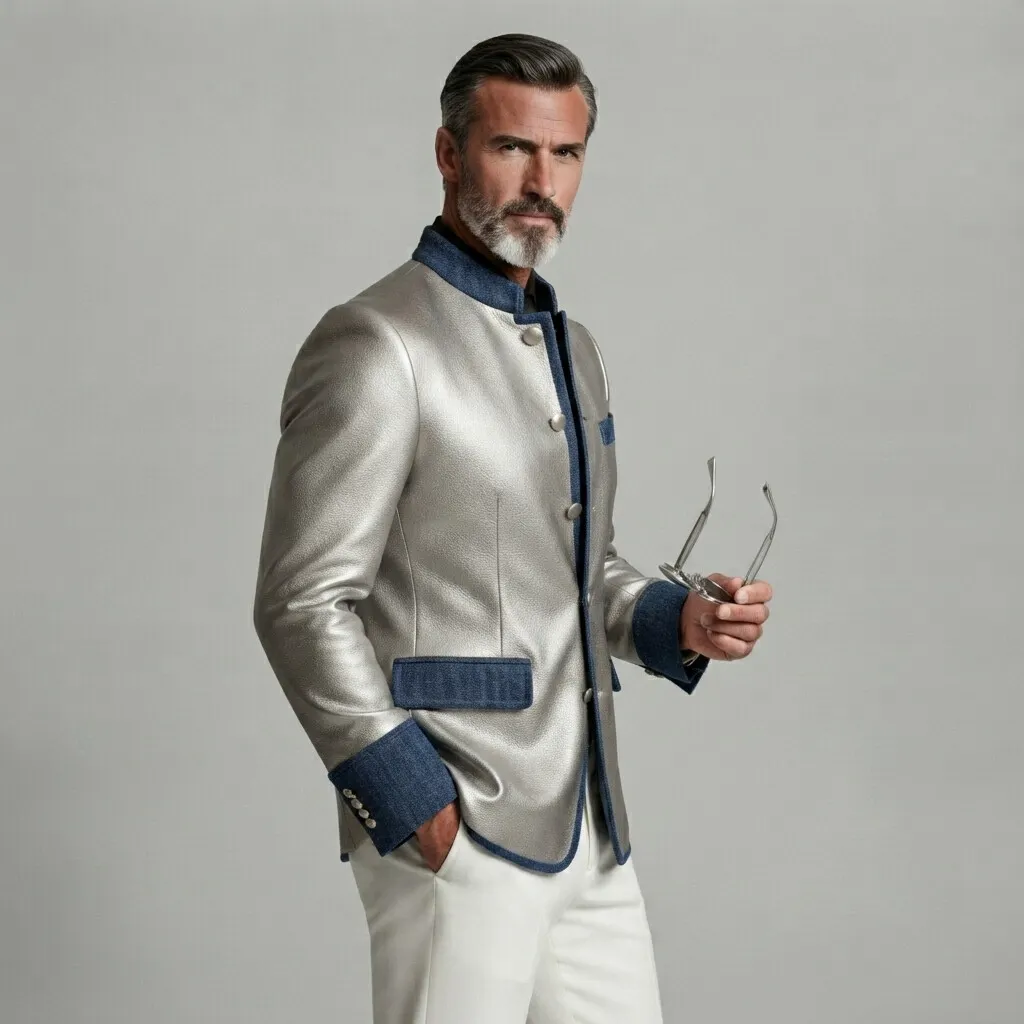 para hombre vintage Silver Mandarin Collar Single Breasted Denim Trim de corte entallado PU Leather chaqueta
