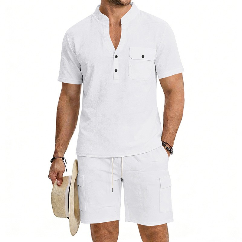 Conjunto de dos piezas European Style de lino casual Stand Collar de manga corta camisa and Cargo shorts Set, Lightweight transpirable Summer Outfit, holgado Fit Drawstring for Beach Vacation Travel Resort Streetwear Comfortable elegante Loungewear para hombre