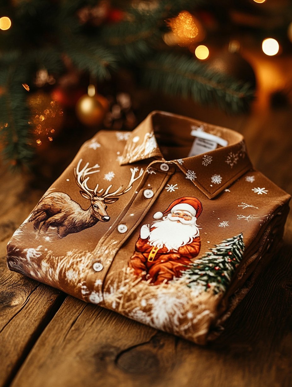 Camisa Christmas ejecutivo de lujo Elk and Santa Claus estampado de manga larga para hombre