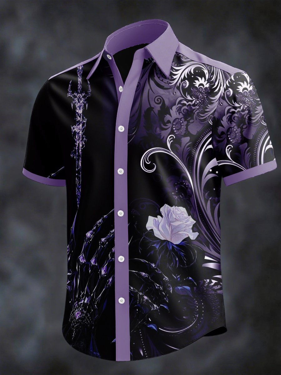 Camisa retro Horror Skull estampado solapa de manga corta para hombre