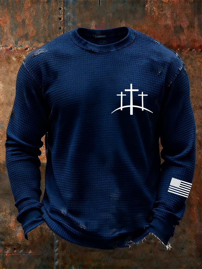 Camiseta vintage Faith Cross Design Waffle Fabric de manga larga para hombre