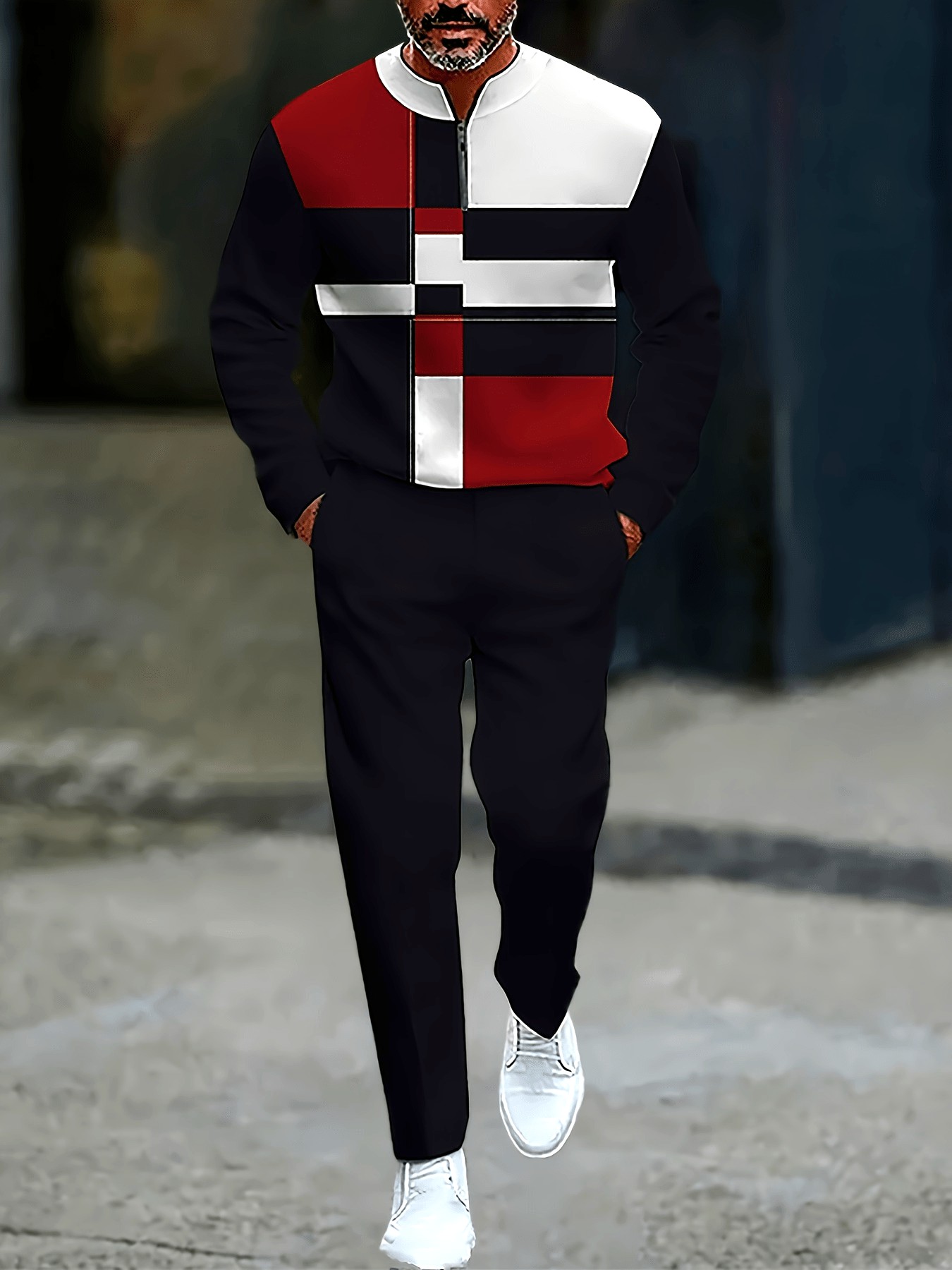 Conjunto de dos piezas casual Black & Red Color Matching Geometric estampado Round-Neck Zipper de manga larga Trousers para hombre