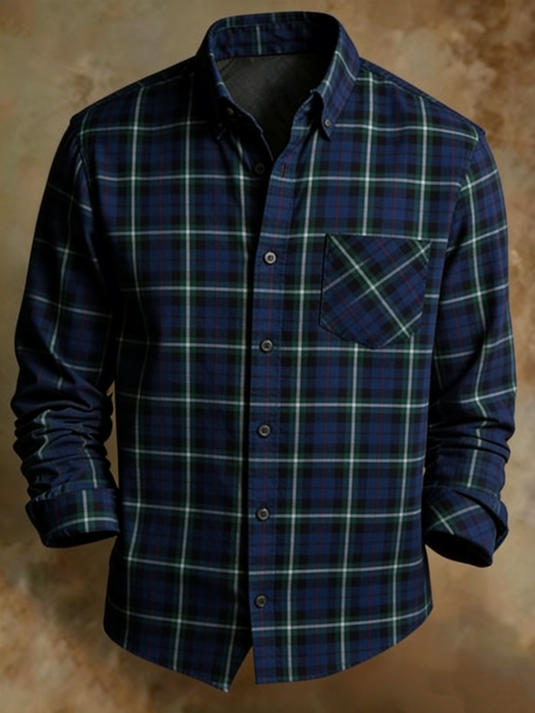 Camisa vintage Style Navy Green a cuadros de manga larga casual ejecutivo camisa para hombre
