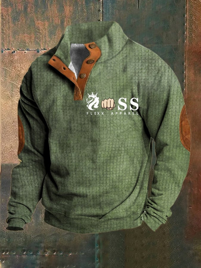 Sudadera vintage Lettering estampado Stand cuello Check Button para hombre