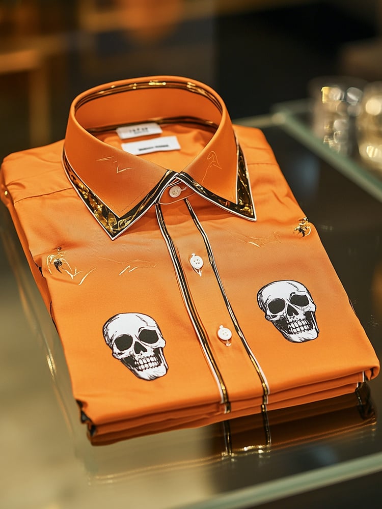 Camisa ejecutivo casual Orange Skull estampado solapa de manga larga para hombre