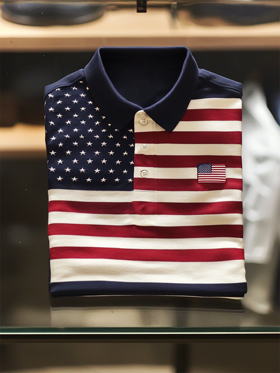 Camisa polo ejecutivo casual Independence Day a rayas Button de manga corta para hombre