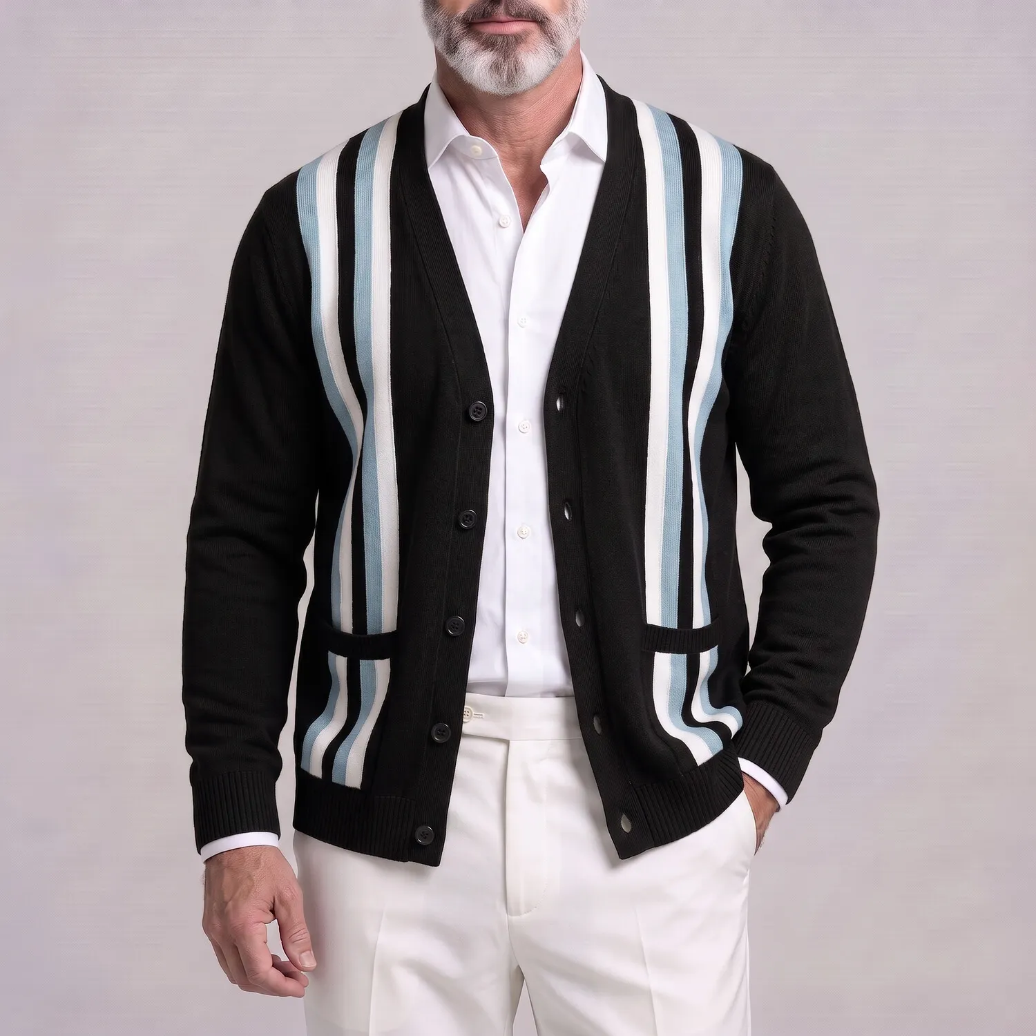 para hombre clásico Contrast a rayas V Neck Single Breasted Patch Pockets tejidoted Cardigan