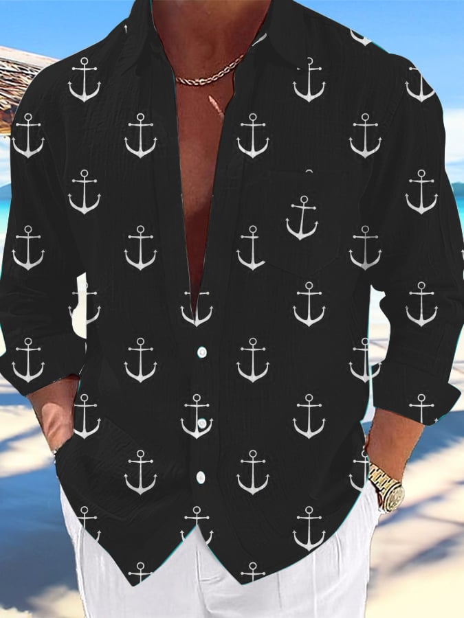 Camisa Nautical Design estampado Lapel Pocket casual para hombre