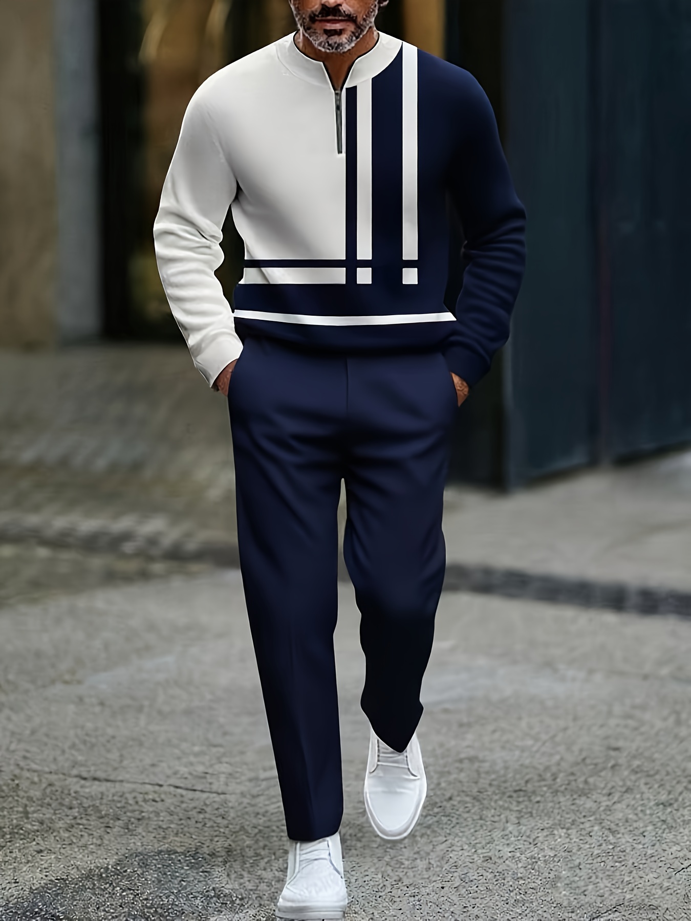 Conjunto de dos piezas casual White & Navy Blue Color Matching geométrico estampado Round-Neck cierre de manga larga Tops & Trousers para hombre