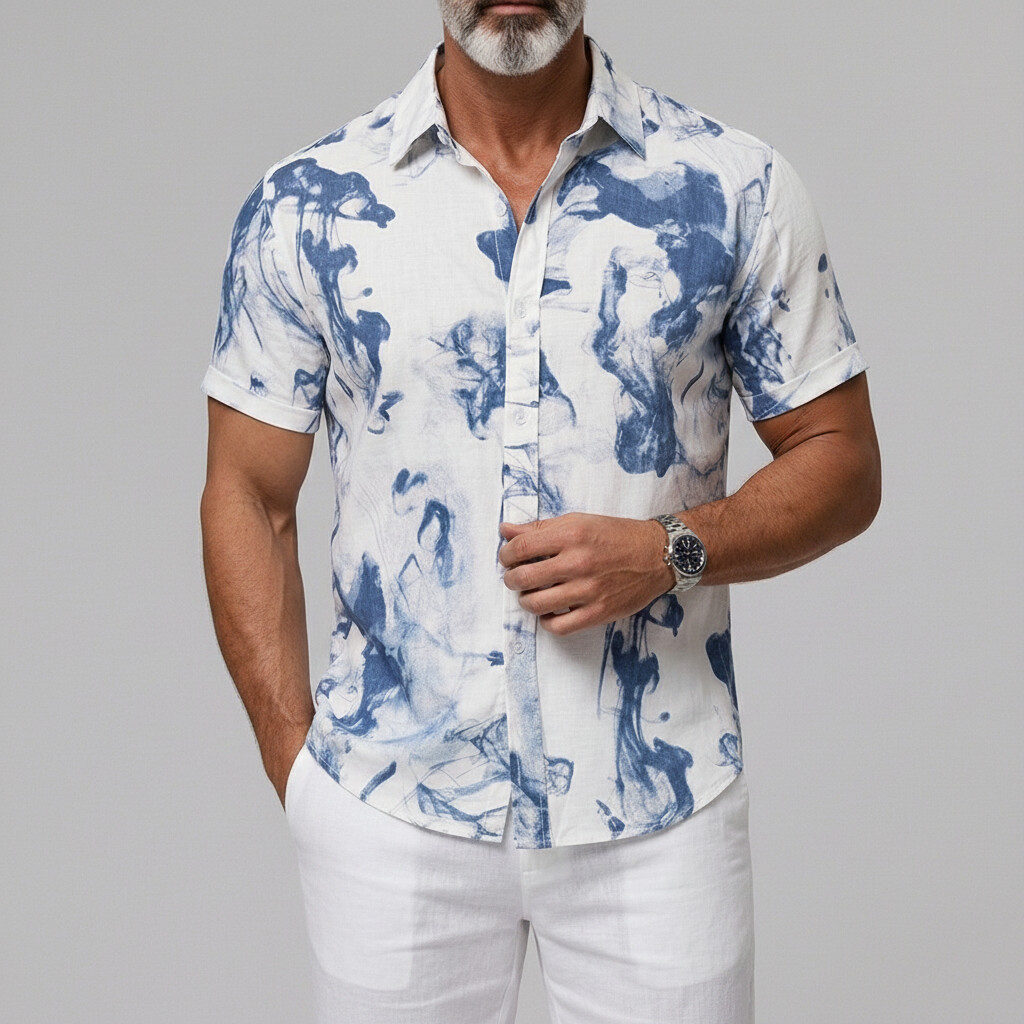 Camisa Ink-wash estampado Button Vacation Cuffed Edge de manga corta para hombre