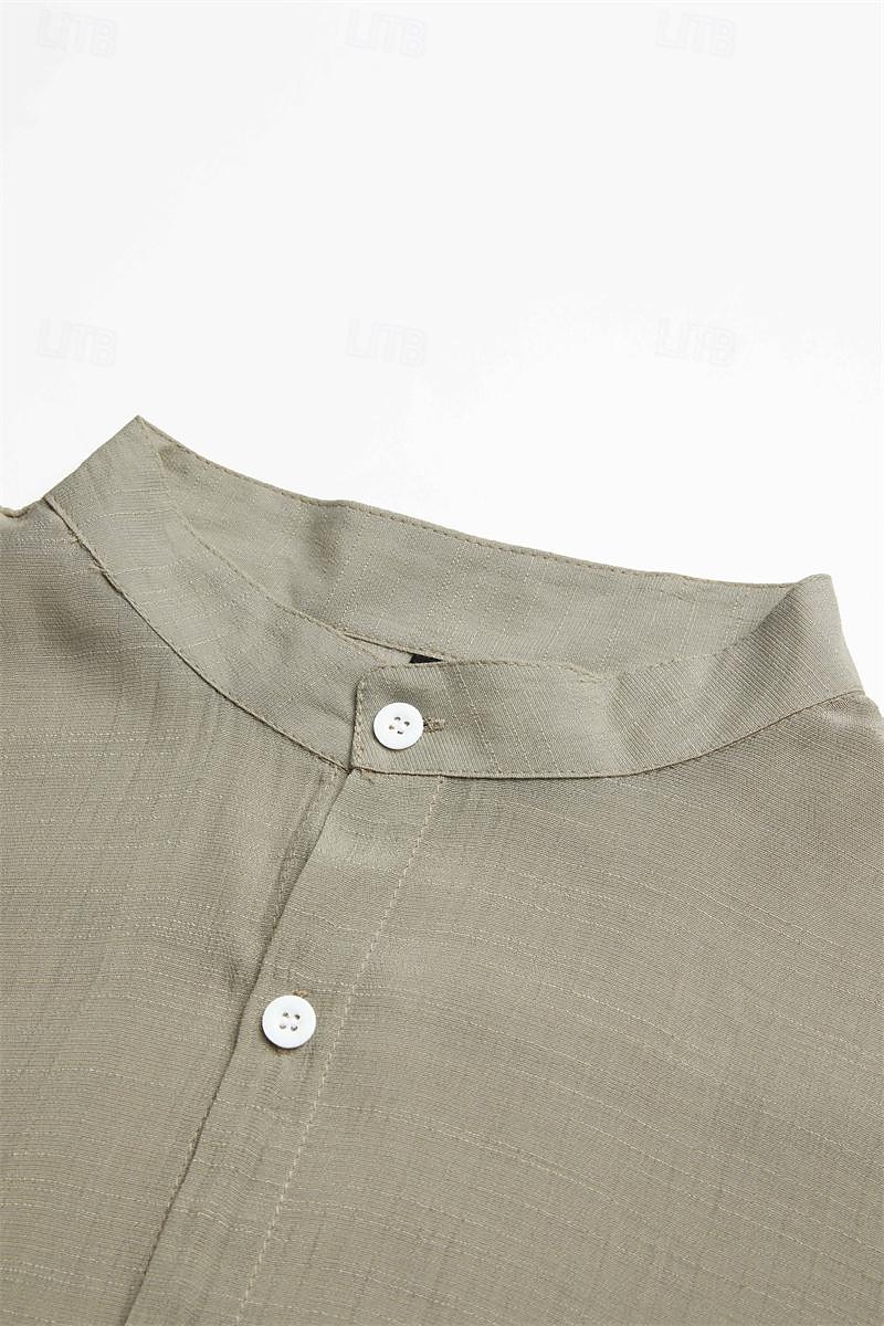 Camisa de lino Band cuello camisa Summer camisa Beach Wear Button Up camisa Plain Vacation casual Black Green Khaki Gray de manga larga Stand cuello Summer Spring Clothing Apparel para hombre - vista 10
