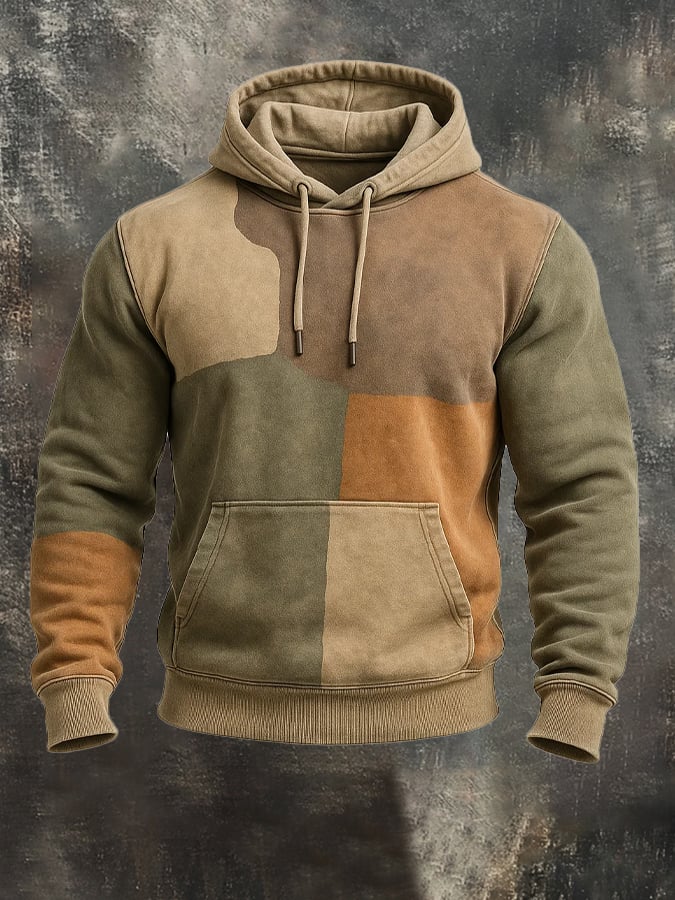 Sudadera retro desgastado en bloques de color estampado casual de manga larga para hombre