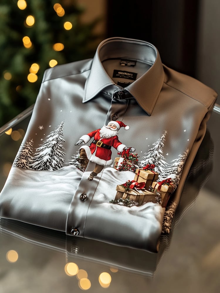 Camisa Christmas satén Luxe de manga larga con botones para hombre