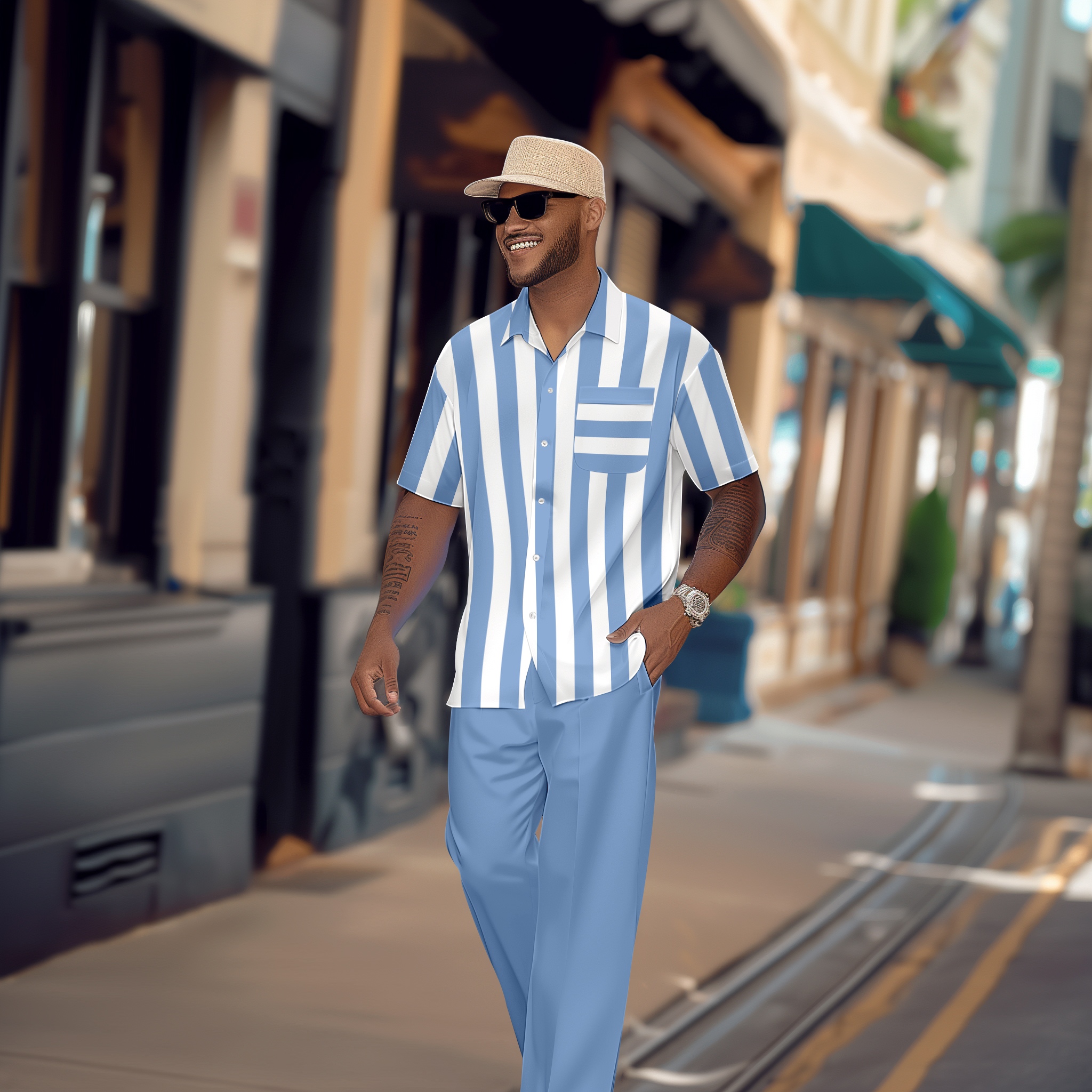Camisa retro Colorblock de manga corta Walking Suit 1125 para hombre