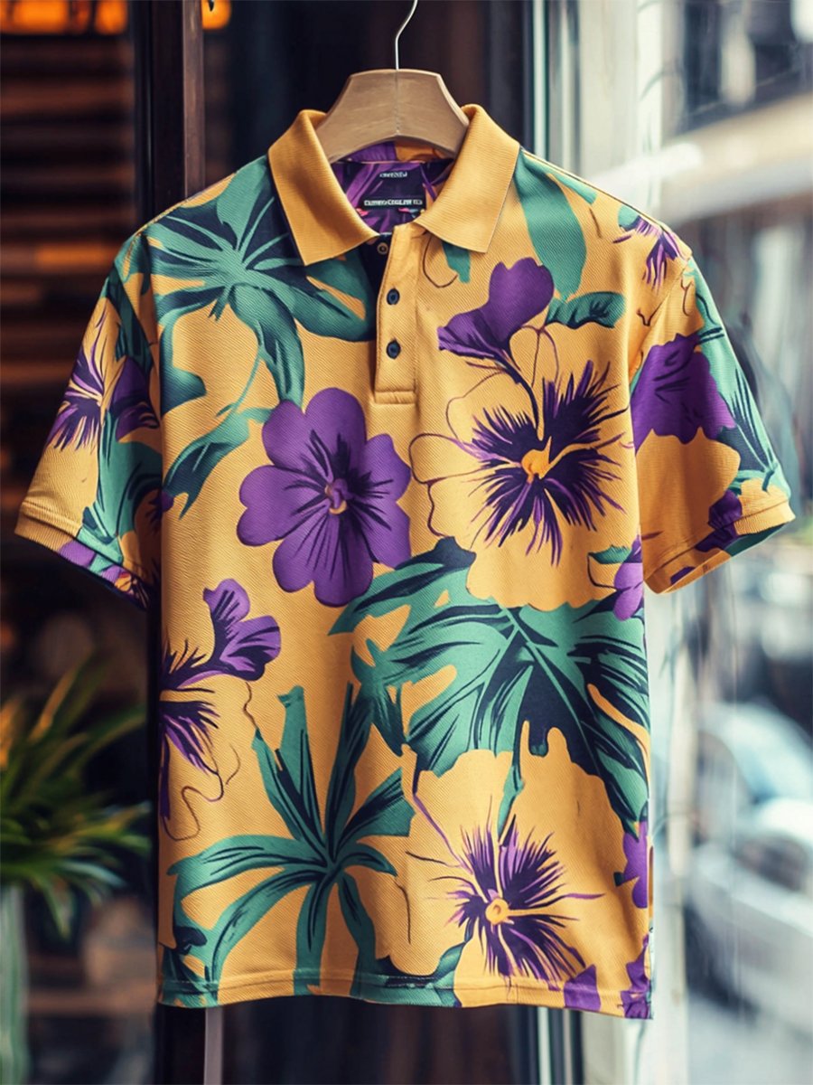 Camisa polo casual Festive floral estampado Button de manga corta para hombre