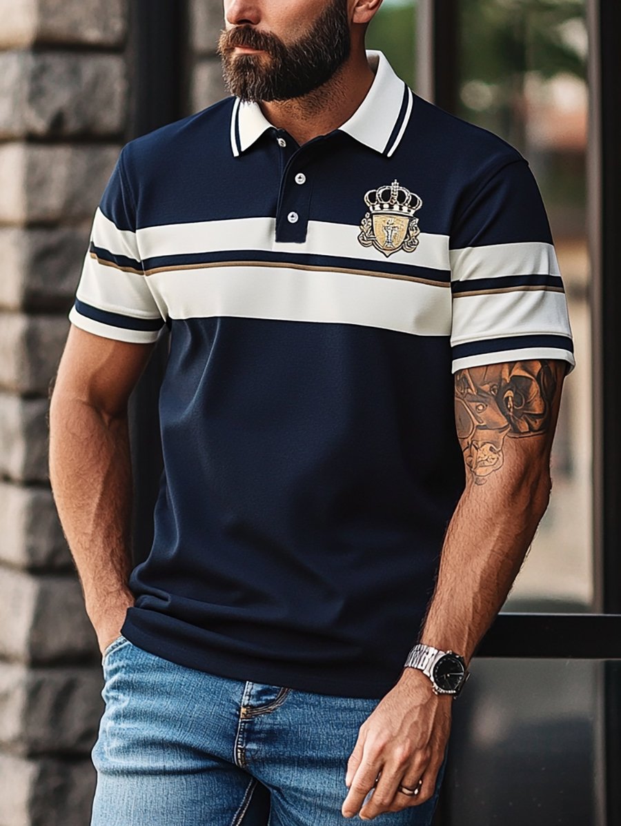 Camisa polo ejecutivo rayas Logo con botones de manga corta para hombre
